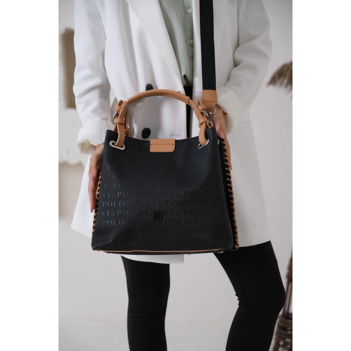 Just Polo Women's Just Polo Embossed Pattern Magnetic Snap Closure Handbag with Shoulder Strap Black - Tan - MALLTURK