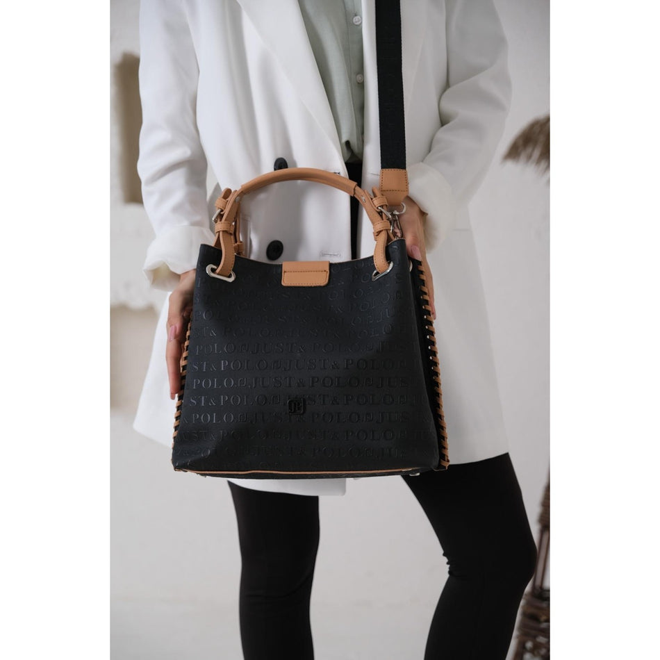 Just Polo Women's Just Polo Embossed Pattern Magnetic Snap Closure Handbag with Shoulder Strap Black - Tan - MALLTURK