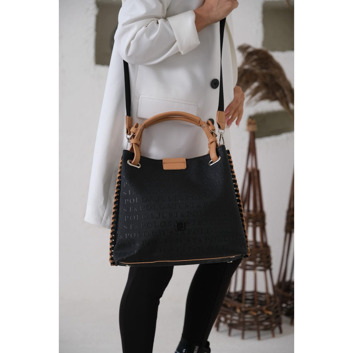 Just Polo Women's Just Polo Embossed Pattern Magnetic Snap Closure Handbag with Shoulder Strap Black - Tan - MALLTURK