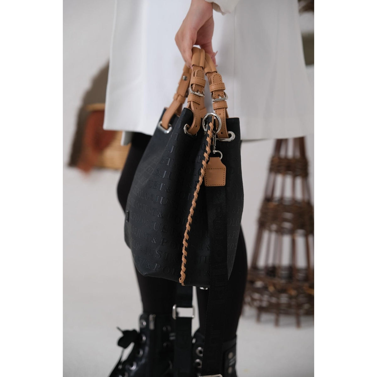 Just Polo Women's Just Polo Embossed Pattern Magnetic Snap Closure Handbag with Shoulder Strap Black - Tan - MALLTURK