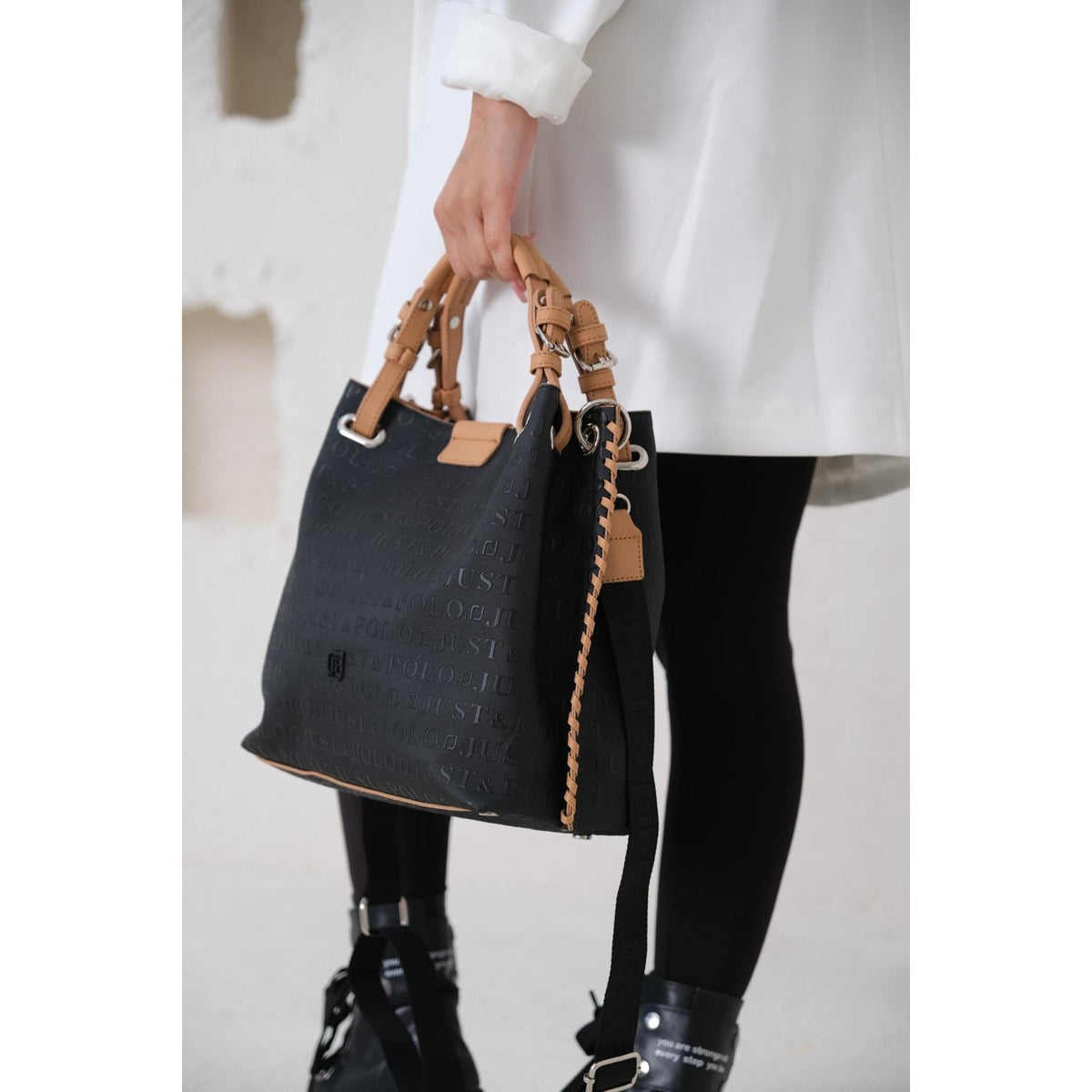 Just Polo Women's Just Polo Embossed Pattern Magnetic Snap Closure Handbag with Shoulder Strap Black - Tan - MALLTURK