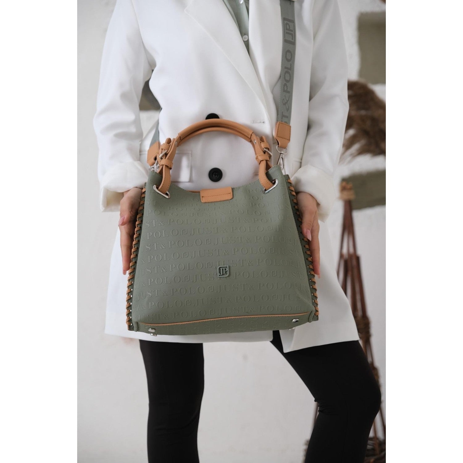 Just Polo Women's Just Polo Embossed Pattern Magnetic Snap Closure Handbag with Shoulder Strap Green - MALLTURK