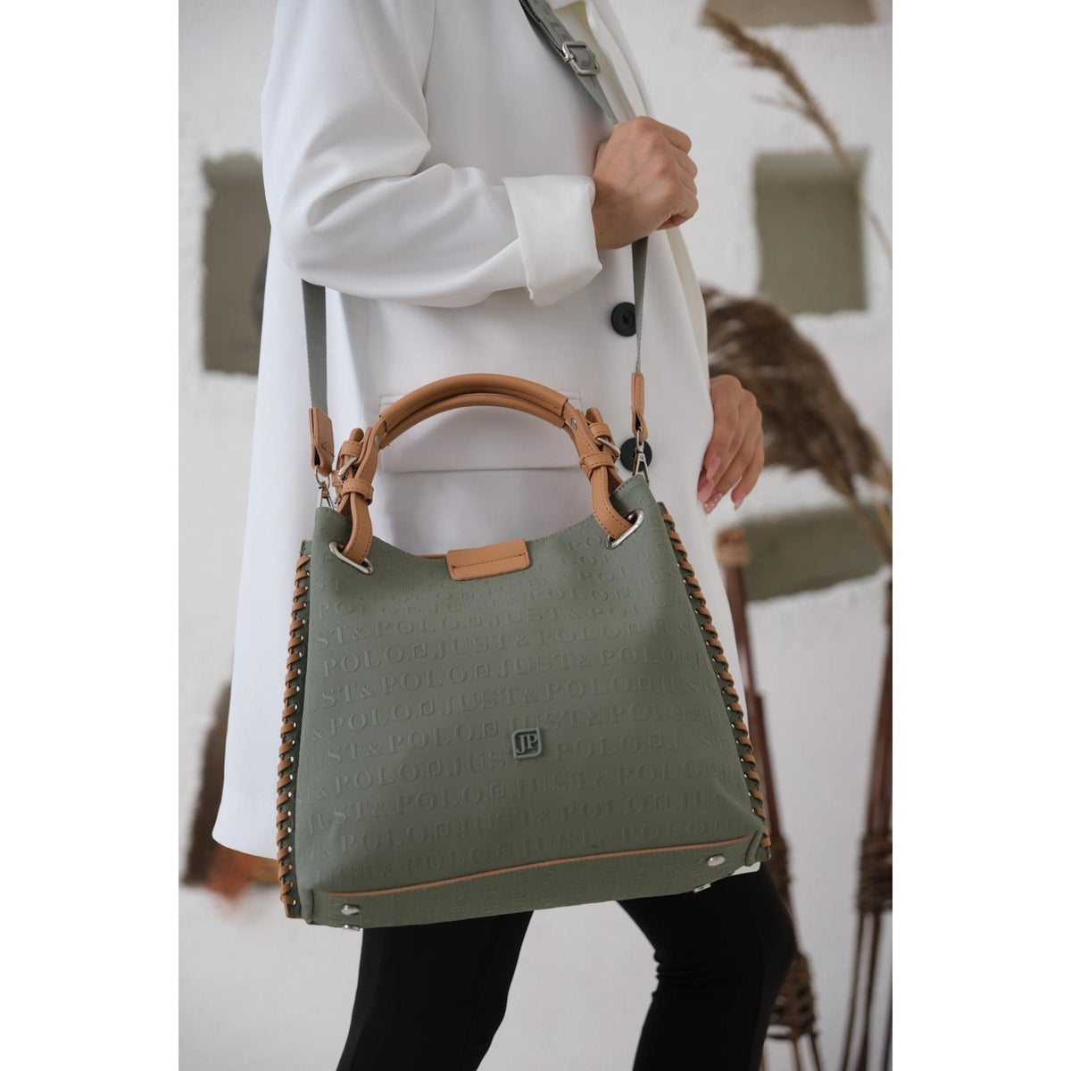 Just Polo Women's Just Polo Embossed Pattern Magnetic Snap Closure Handbag with Shoulder Strap Green - MALLTURK