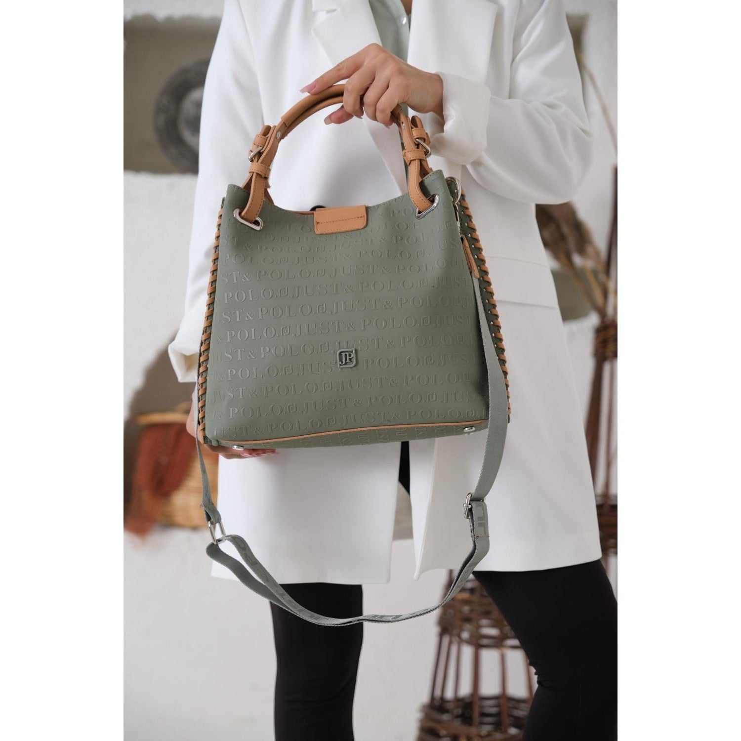Just Polo Women's Just Polo Embossed Pattern Magnetic Snap Closure Handbag with Shoulder Strap Green - MALLTURK