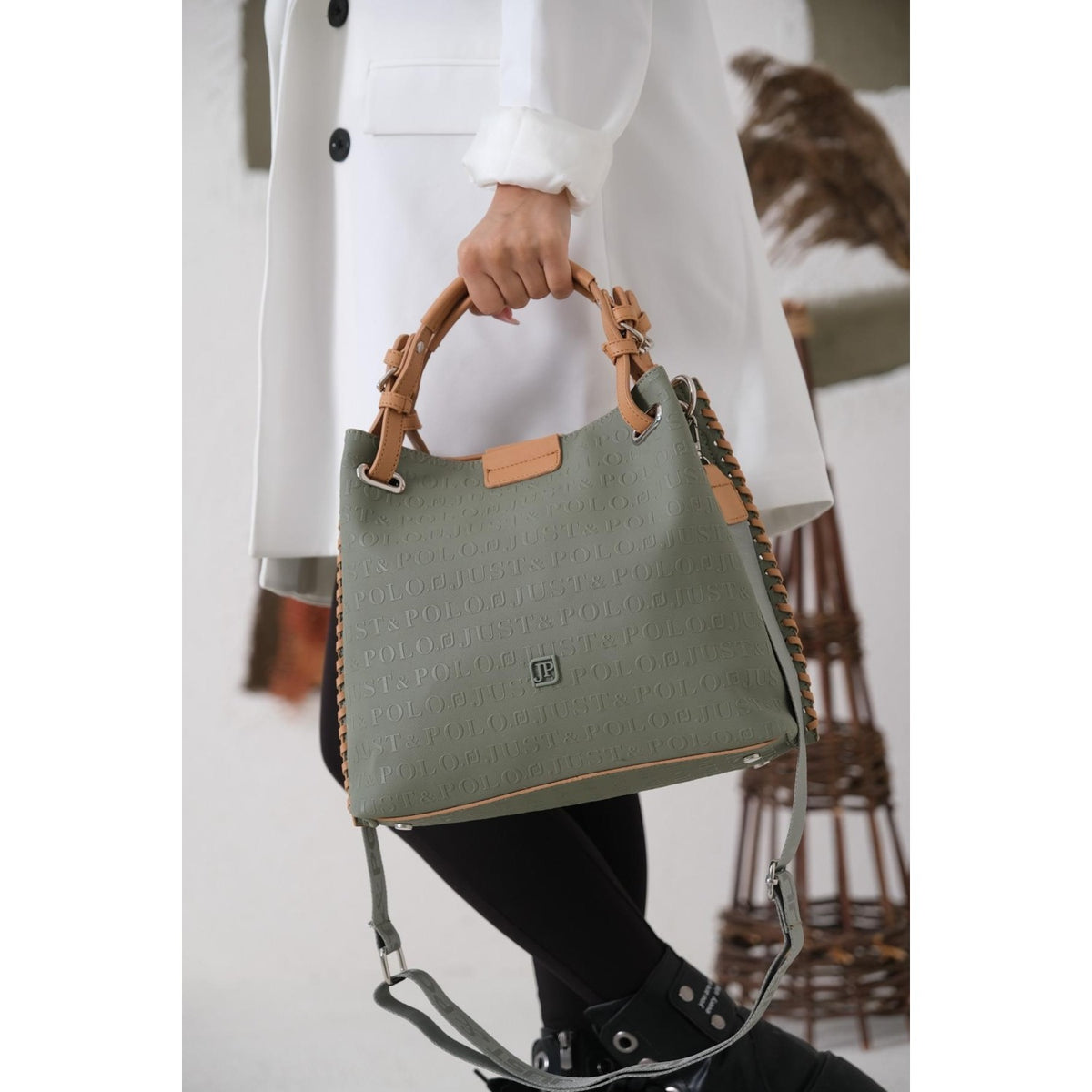 Just Polo Women's Just Polo Embossed Pattern Magnetic Snap Closure Handbag with Shoulder Strap Green - MALLTURK