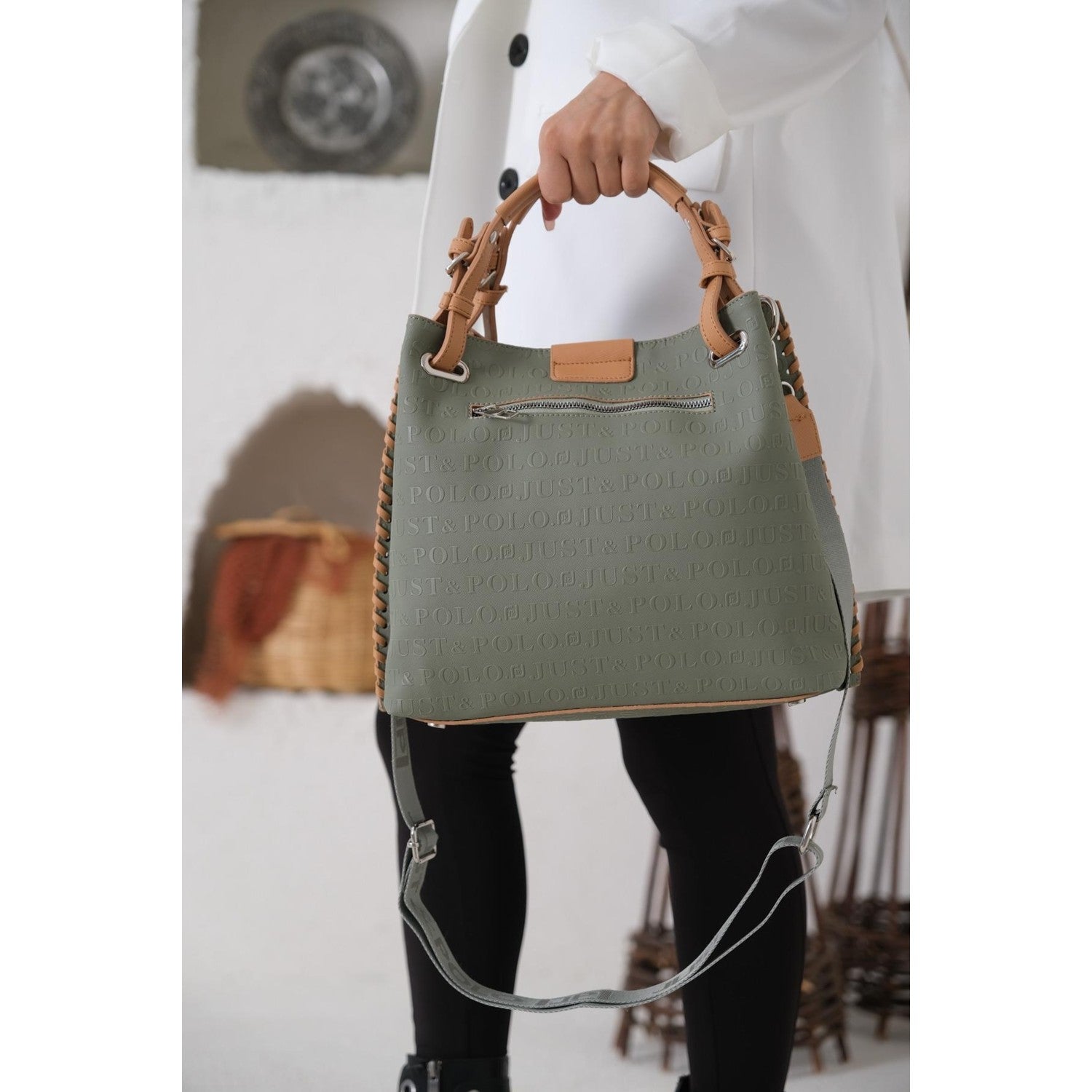 Just Polo Women's Just Polo Embossed Pattern Magnetic Snap Closure Handbag with Shoulder Strap Green - MALLTURK