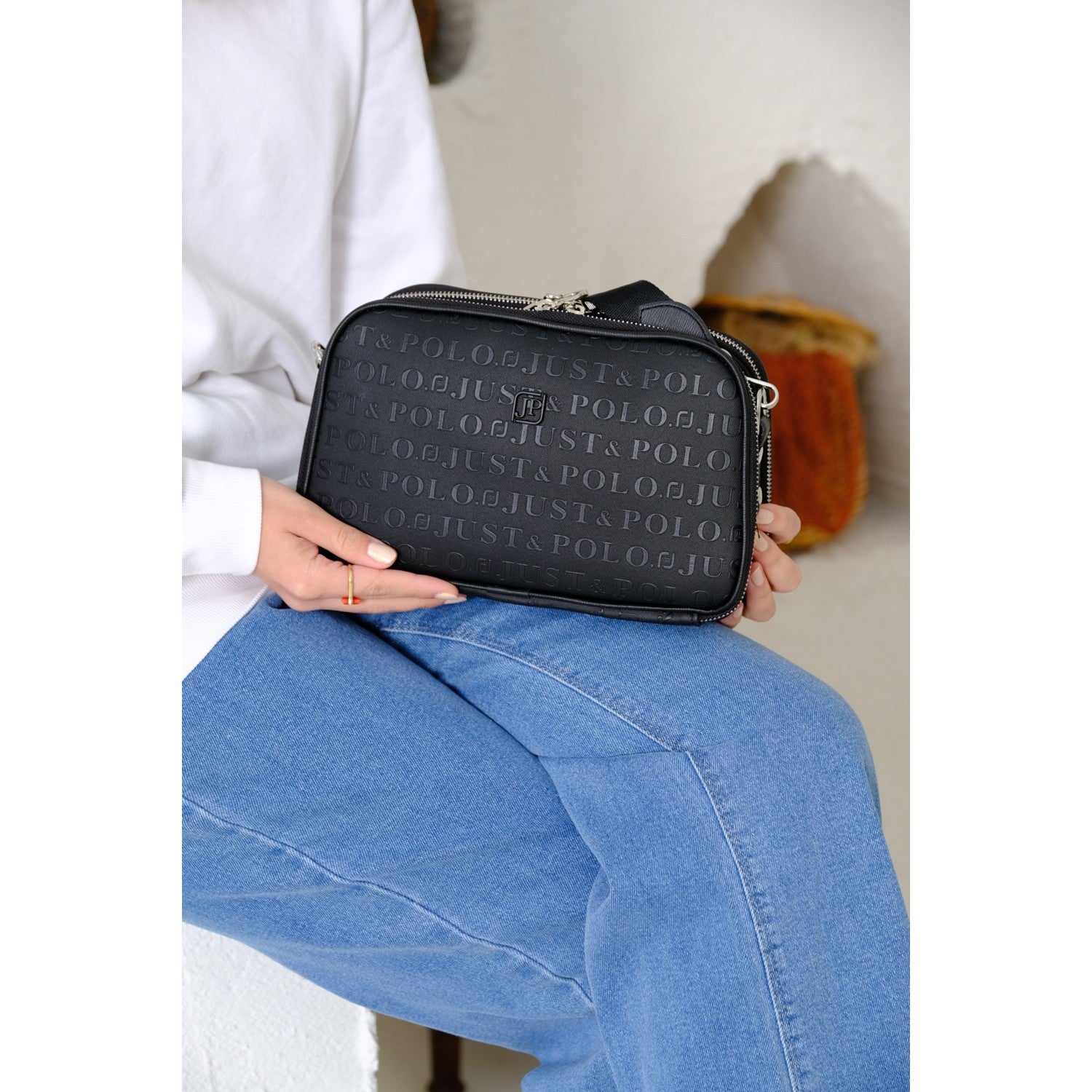 Just Polo Women's Embossed Print Just & Polo Patterned Bag Vegan Shoulder and Handbag Black - MALLTURK