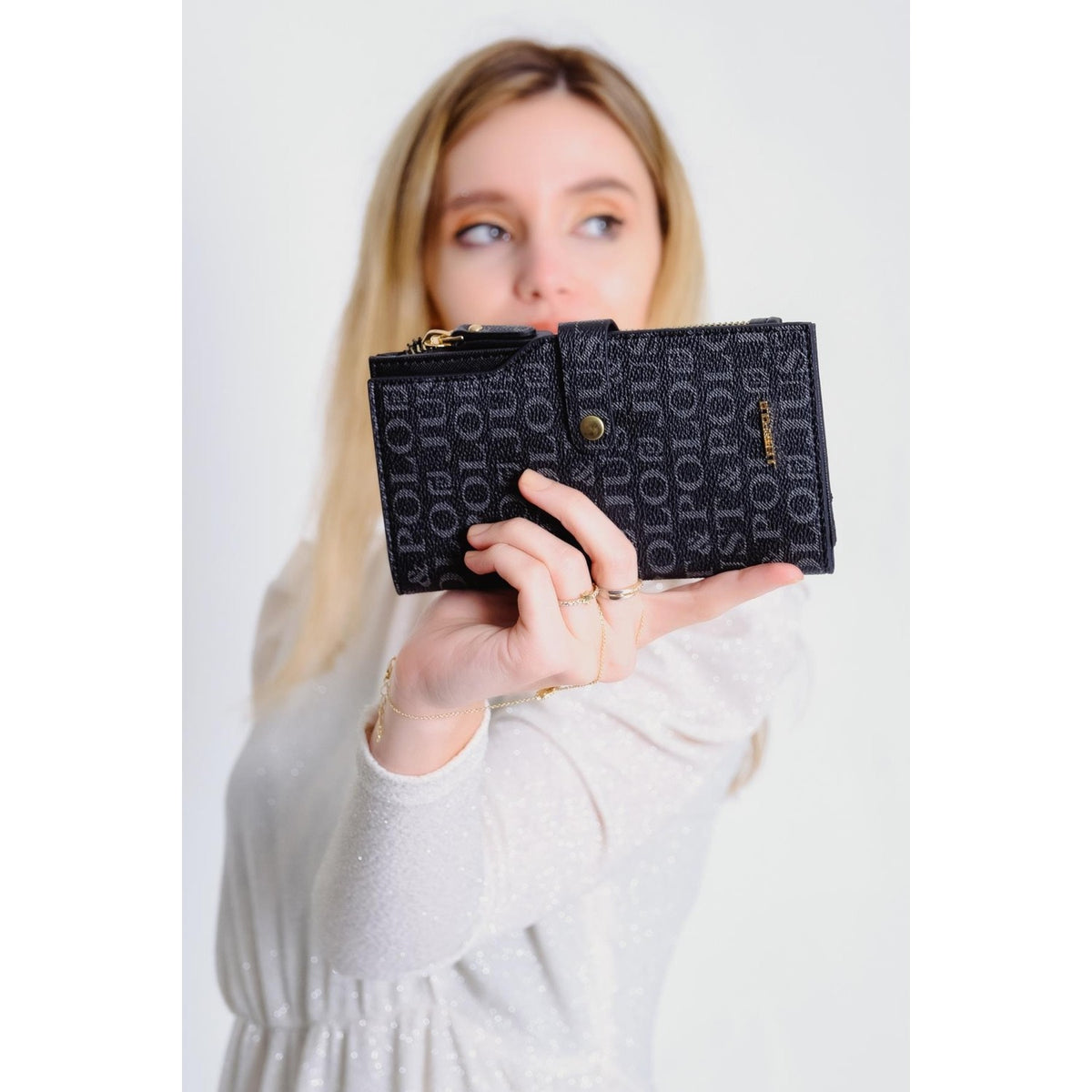 Just Polo Women's Coffee Brown 20 Card Capacity Embossed Snap and Zipper Closure Card Holder Wallet Black - MALLTURK