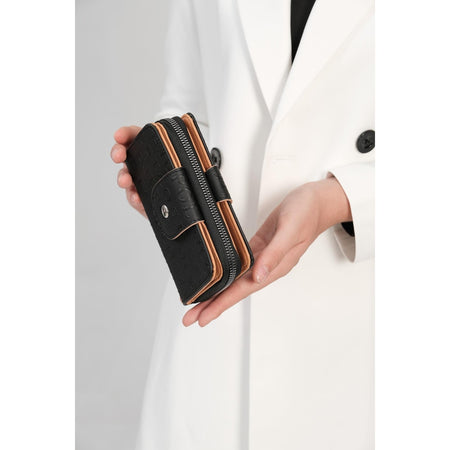 Just Polo Women's Black - Tan Vegan Wallet with 20 Card Capacity, 2 Compartments + Coin Compartment, Snap Closure. - MALLTURK