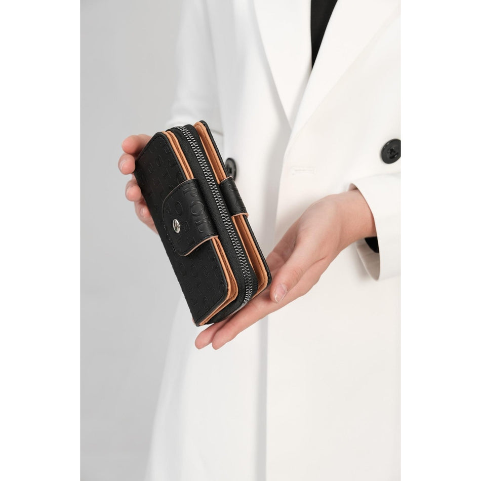 Just Polo Women's  Black - Tan  Vegan Wallet with 20 Card Capacity, 2 Compartments + Coin Compartment, Snap Closure.