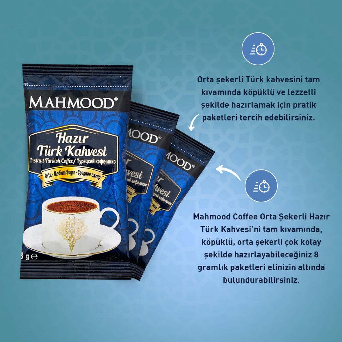 Mahmood Coffee Medium Sweet instant Turkish Coffee 12 Packs x 8 gr - MALLTURK