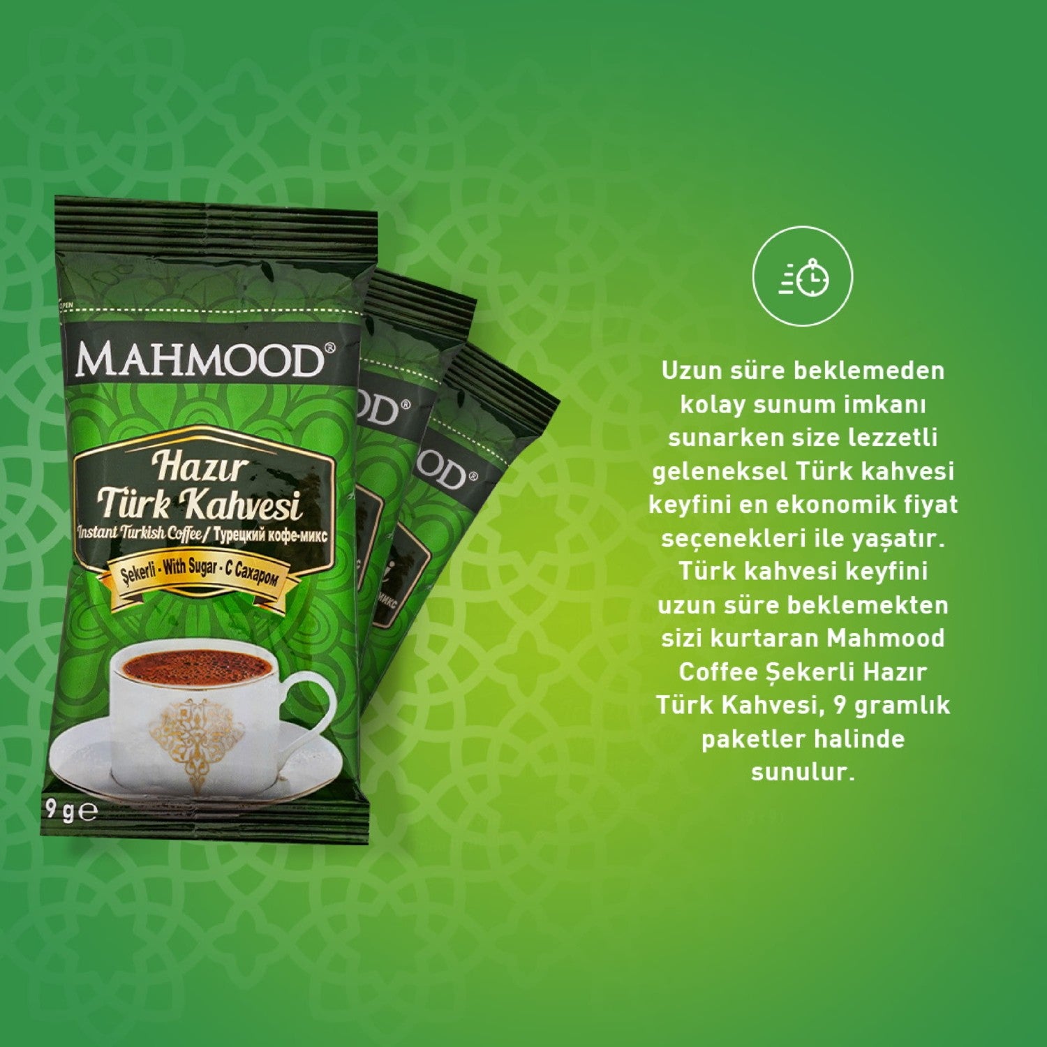 Mahmood Coffee Ready-to-Eat Turkish Coffee with Sugar, 12 Packs x 9 gr - MALLTURK