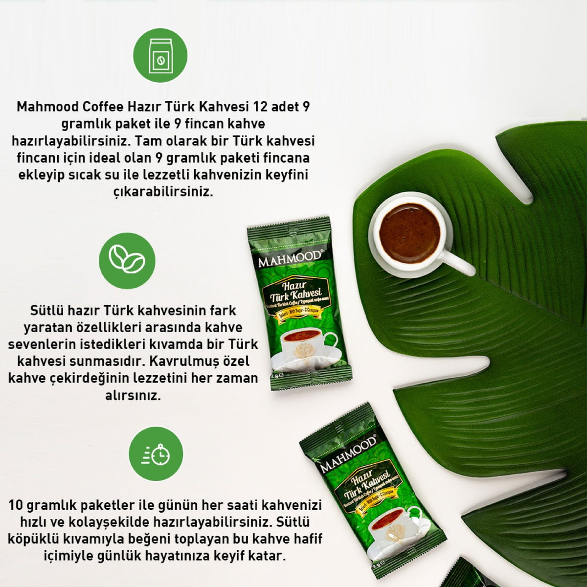 Mahmood Coffee Ready-to-Eat Turkish Coffee with Sugar, 12 Packs x 9 gr - MALLTURK
