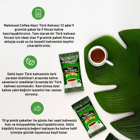 Mahmood Coffee Ready-to-Eat Turkish Coffee with Sugar, 12 Packs x 9 gr - MALLTURK