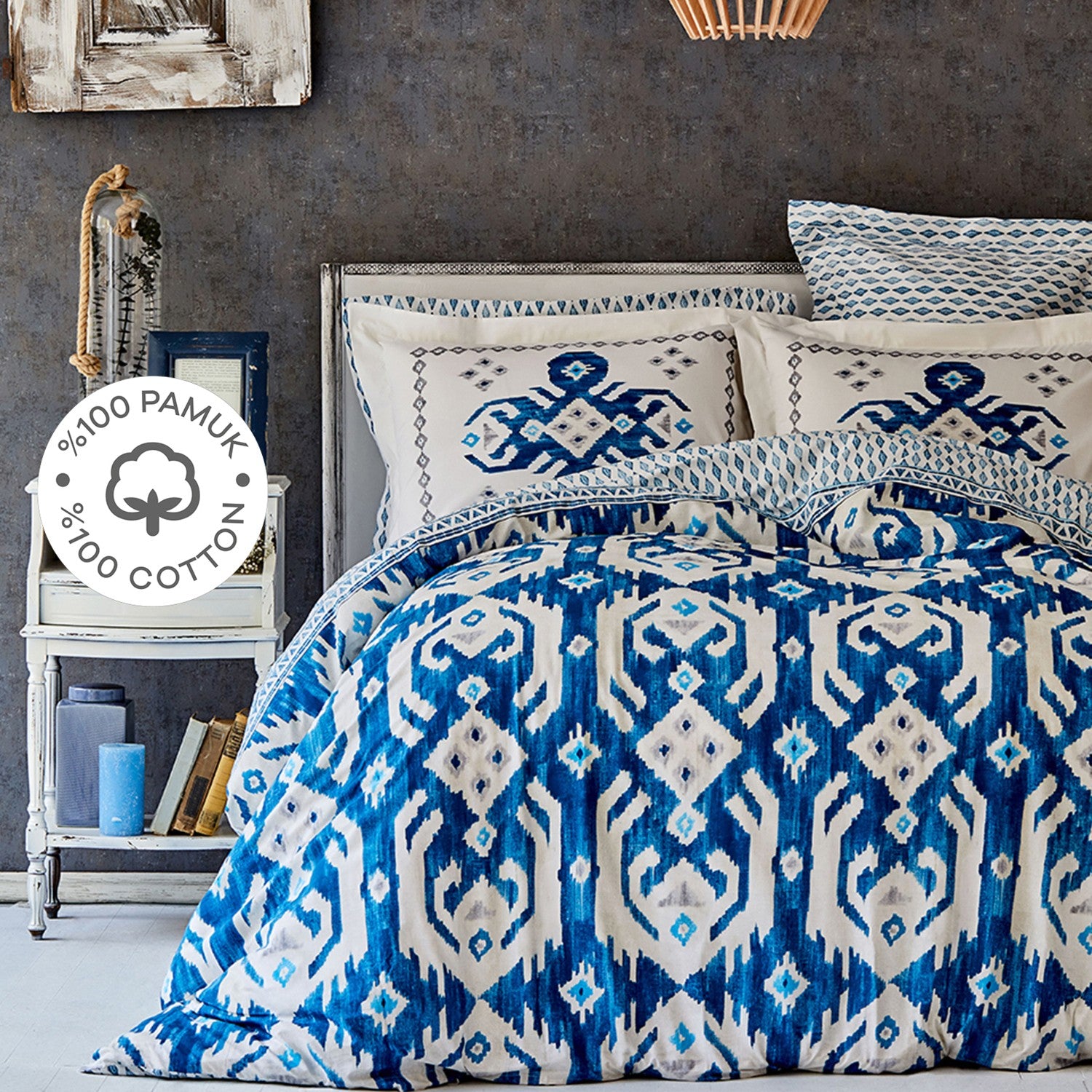 Karaca Home Neos %100 Cotton Double Duvet Cover Set Blue - MALLTURK