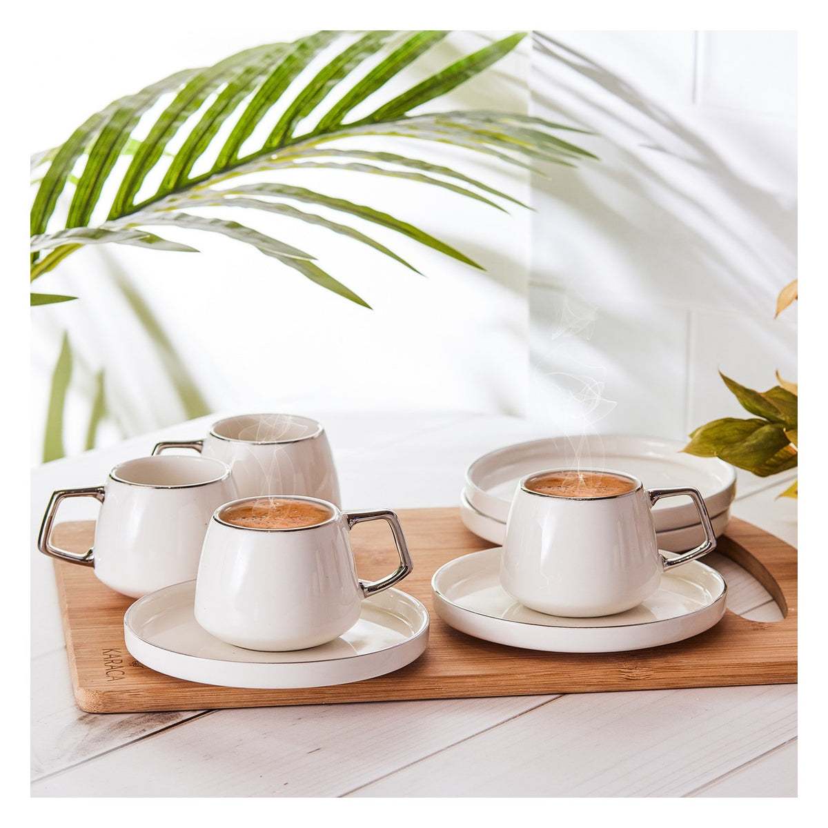 Karaca Saturn Platinum White Porcelain Turkish Coffee Cup Set for 6, 100 ml - MALLTURK