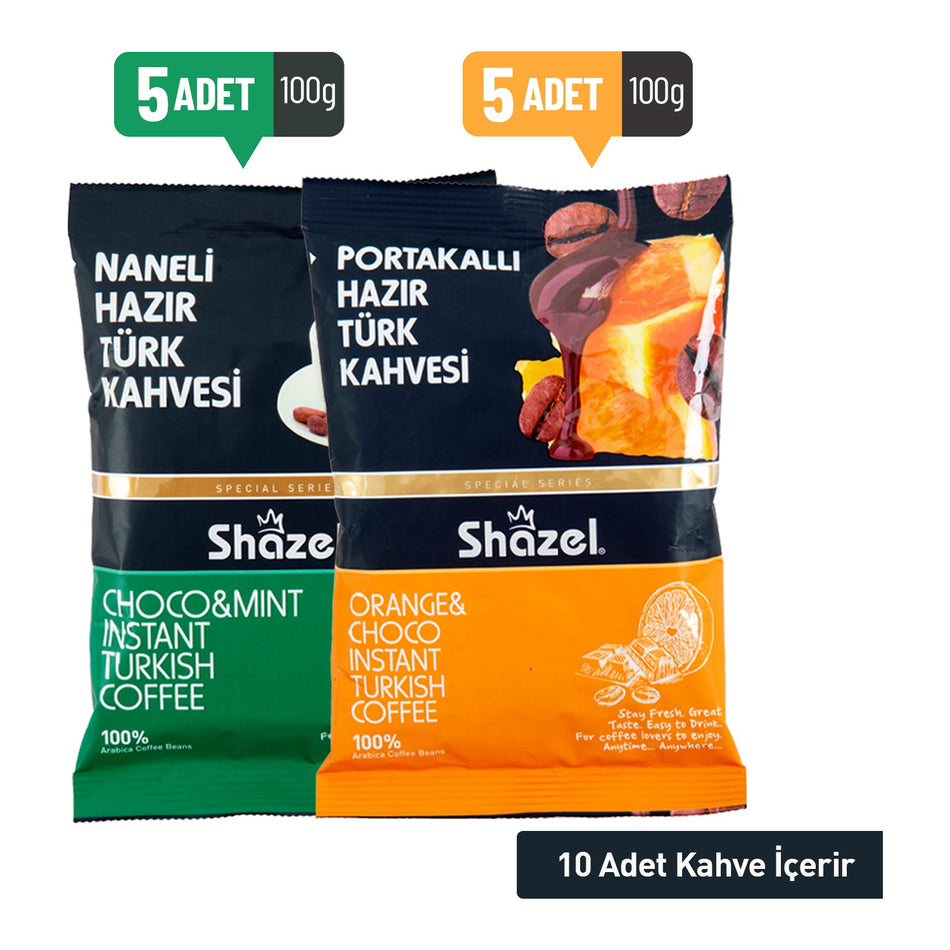 Shazel Orange and Mint Flavored instant Turkish Coffee Mix Pack 5x 100 gr + 5x 100 gr - MALLTURK