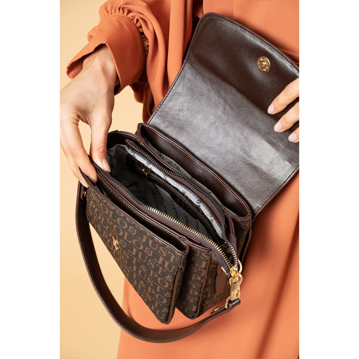 Just Polo Women's Two-Strap, Three-Compartment Shoulder and Crossbody Bag Dark Brown - MALLTURK