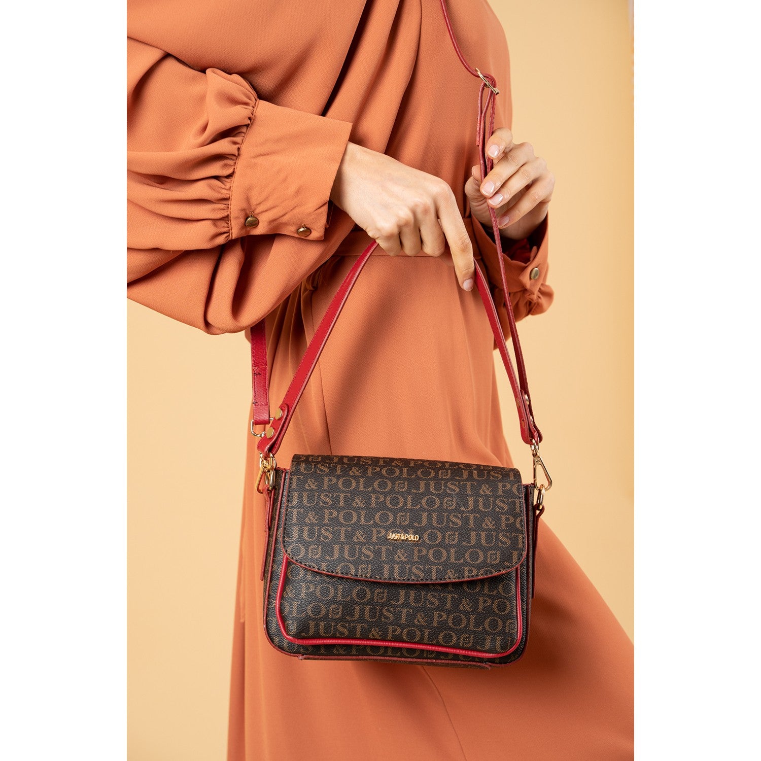 Just Polo Women's Two-Strap, Three-Compartment Shoulder and Crossbody Bag Brown - Red - MALLTURK