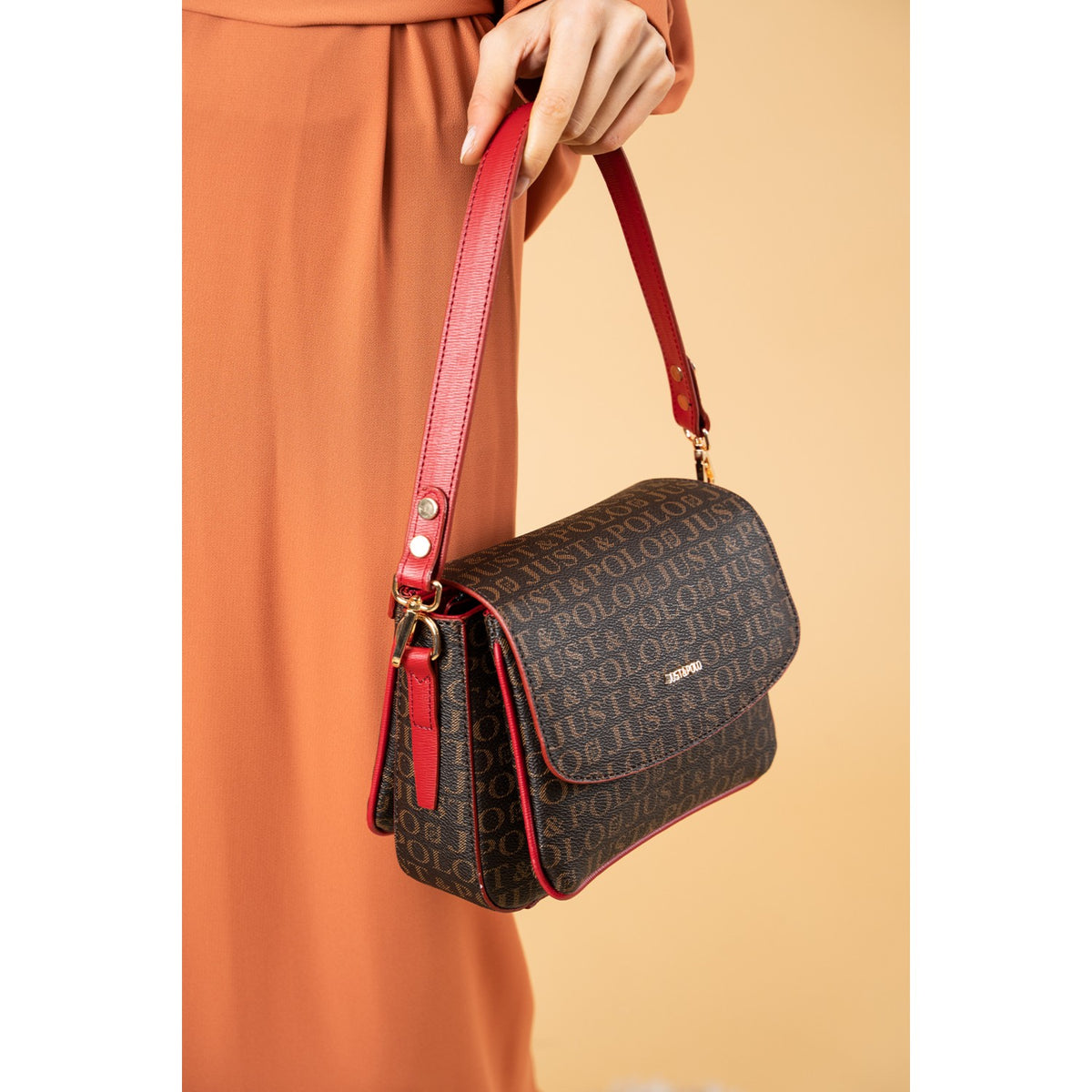Just Polo Women's Two-Strap, Three-Compartment Shoulder and Crossbody Bag Brown - Red - MALLTURK
