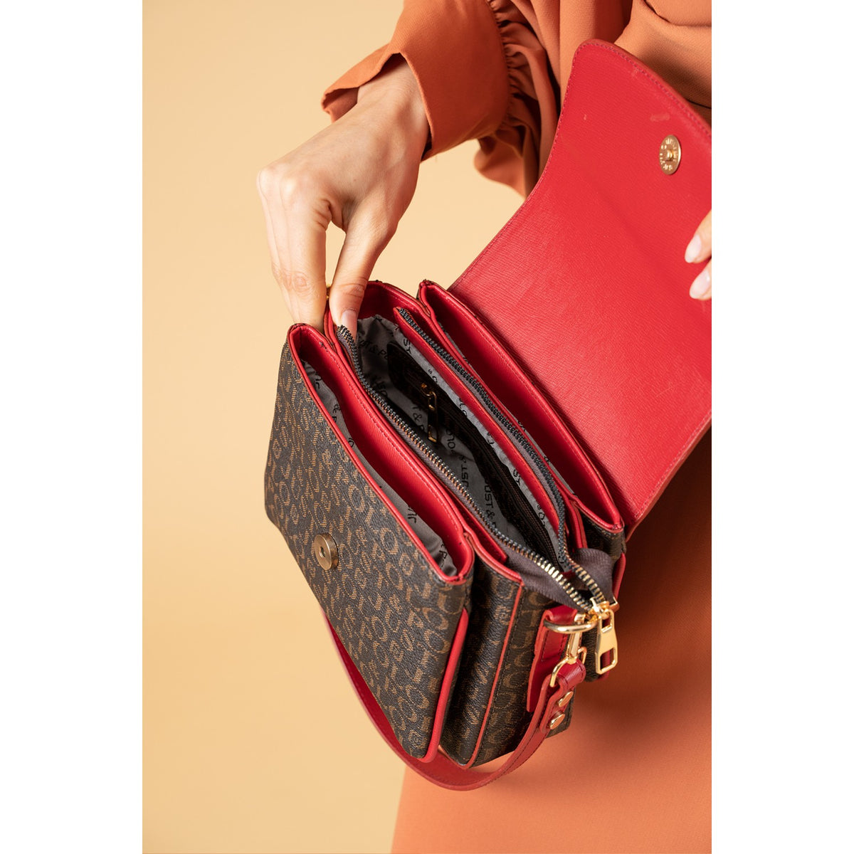 Just Polo Women's Two-Strap, Three-Compartment Shoulder and Crossbody Bag Brown - Red - MALLTURK