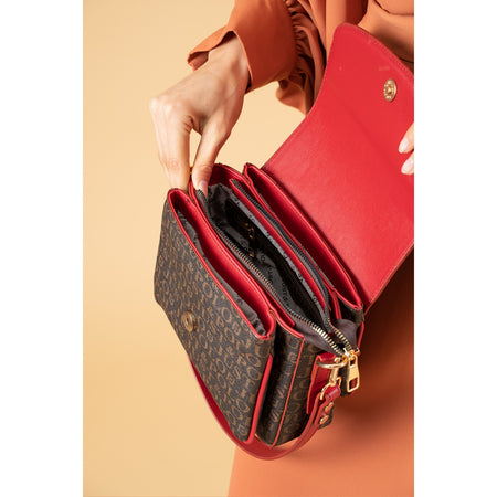 Just Polo Women's Two-Strap, Three-Compartment Shoulder and Crossbody Bag Brown - Red - MALLTURK
