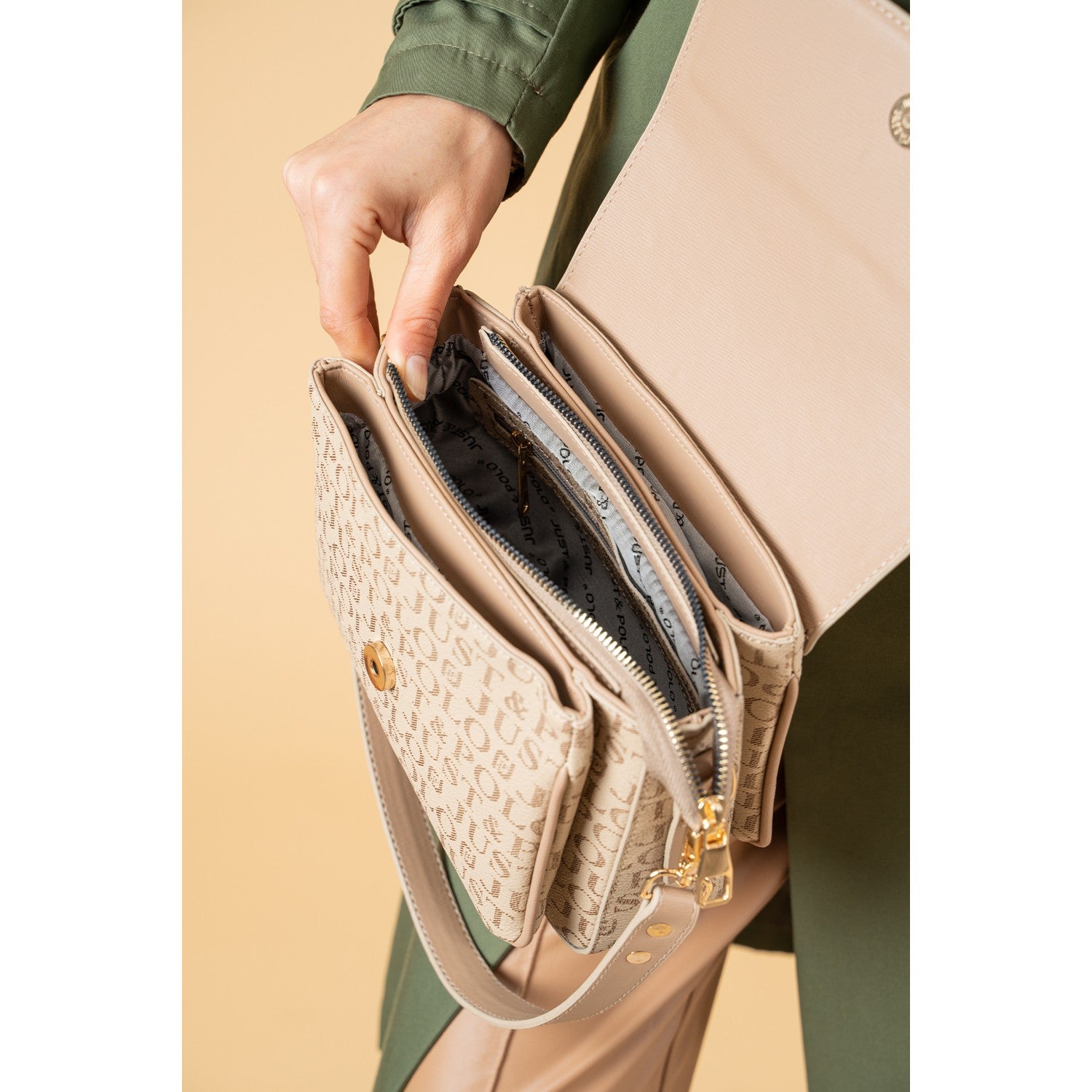 Just Polo Women's Two-Strap, Three-Compartment Shoulder and Crossbody Bag Beige - Sand - MALLTURK