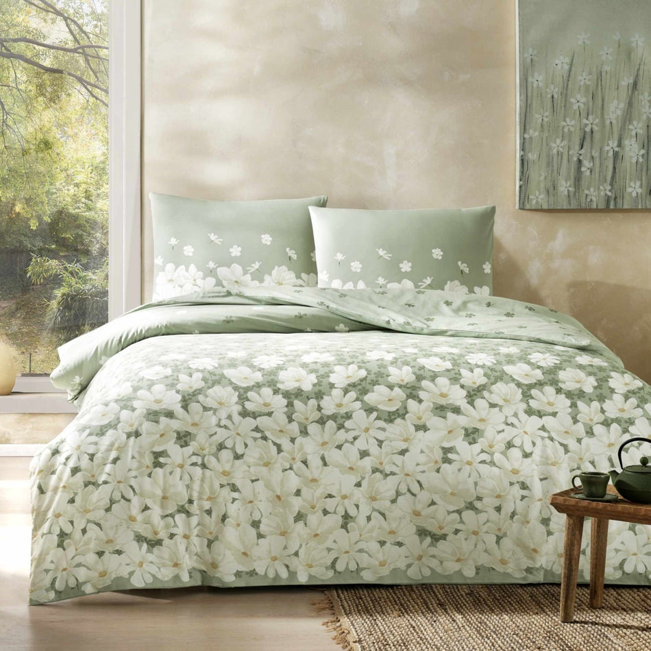 Tac April Ranforce Double Duvet Cover Set Green - MALLTURK