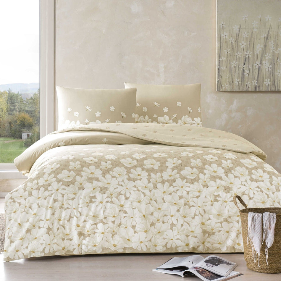 Tac April Ranforce Single Duvet Cover Set Beige - MALLTURK