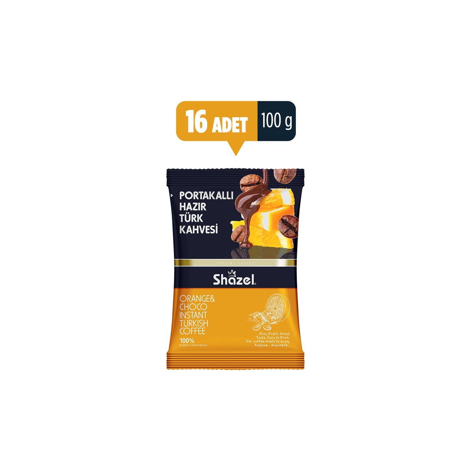 Shazel Orange Flavored instant Turkish Coffee 100 gr x 16 Packs - MALLTURK