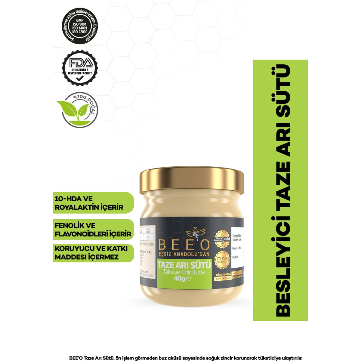 BEE'O 40 g Fresh Royal Jelly %100 Natural Halal and Additive-Free Dietary Supplement