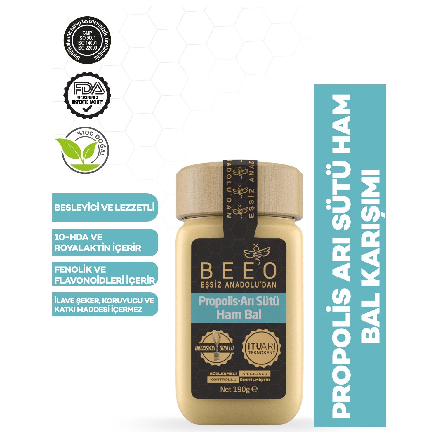BEE'O Propolis Royal Jelly Raw Honey 190 g Made in Turkey Nutritious and Flavorful Blend