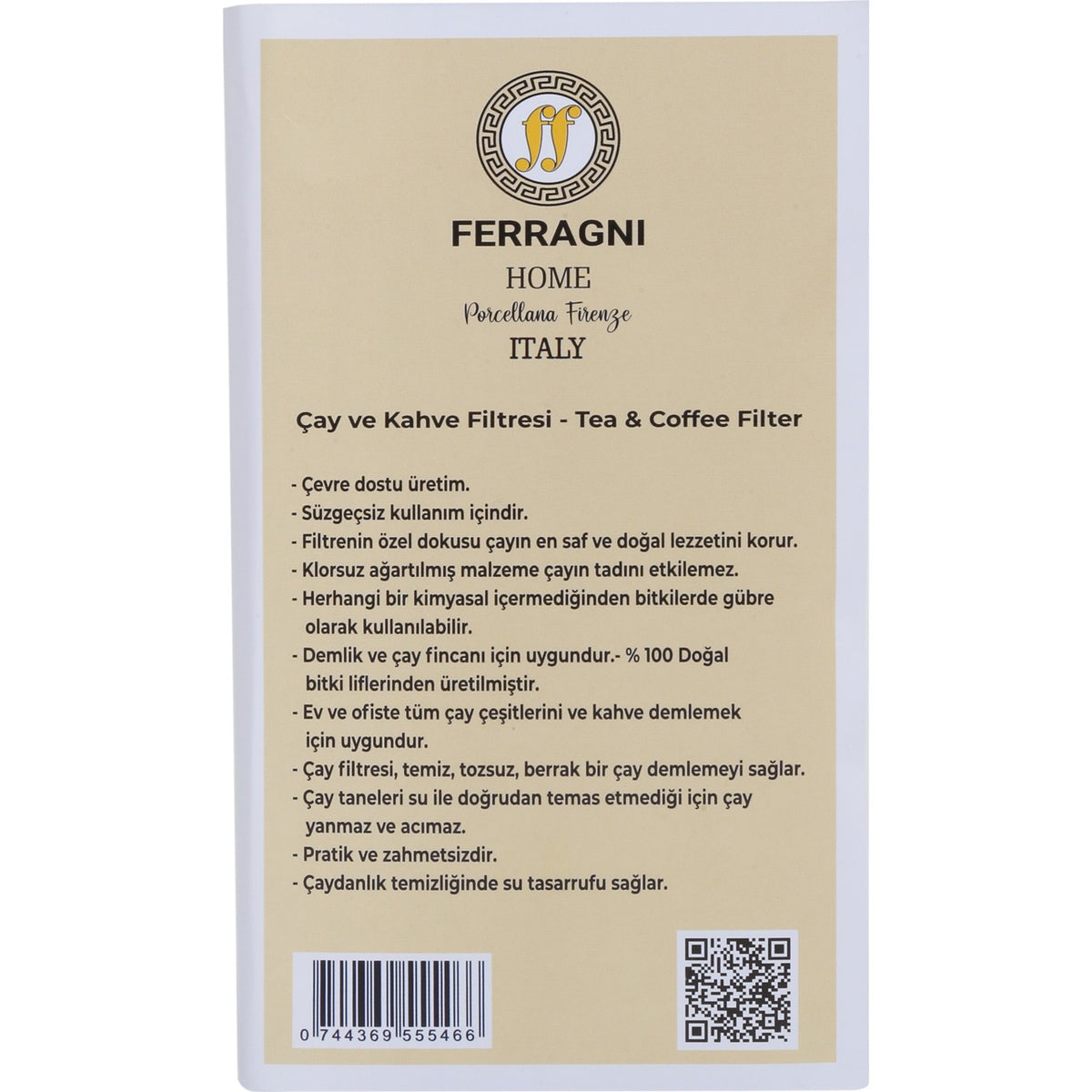 FERRAGNI Home Porcellana Firenze tea and KAHVE FILTRESI 3 pack (90 pieces) BUYUK BOY (9*22 cm) - MALLTURK