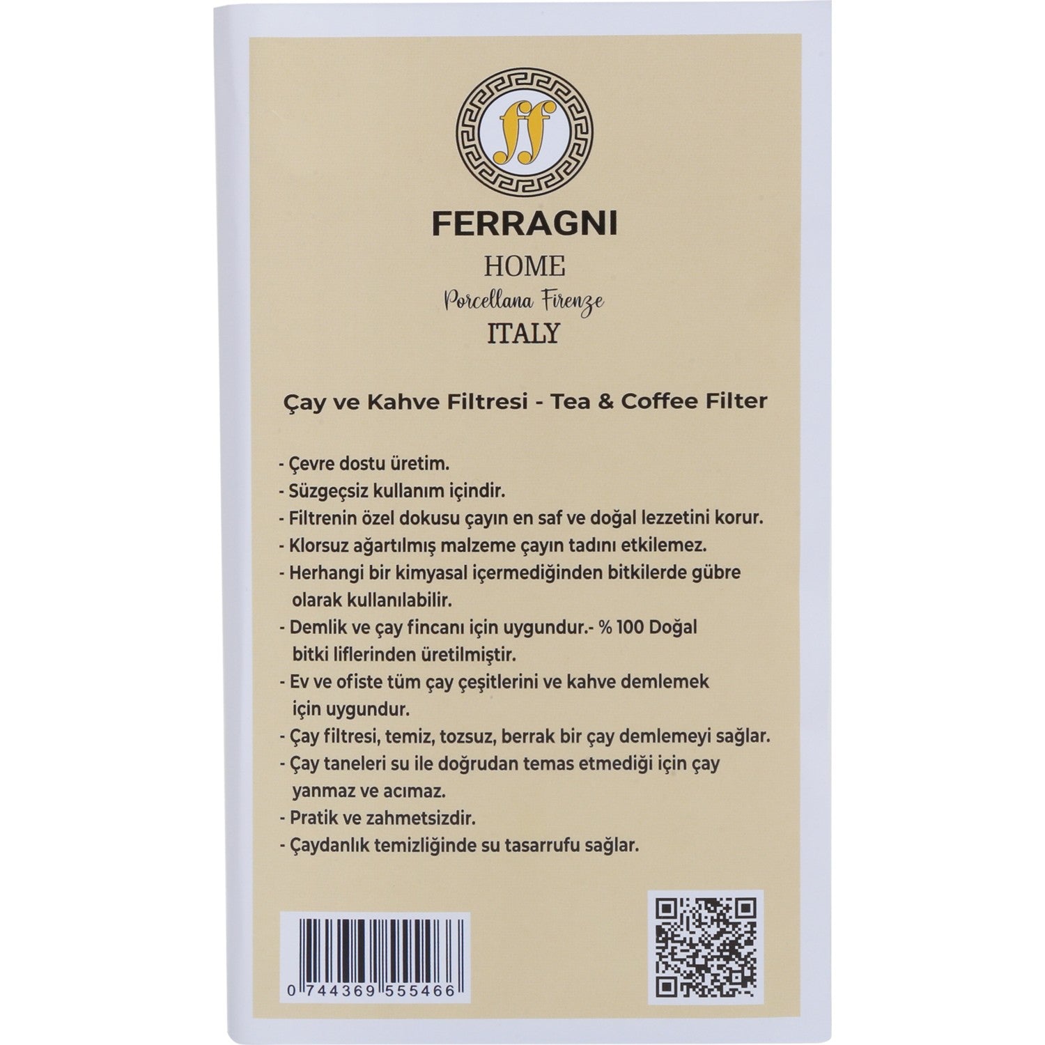FERRAGNI Home Porcellana Firenze tea and KAHVE FILTRESI 3 pack (90 pieces) BUYUK BOY (9*22 cm) - MALLTURK