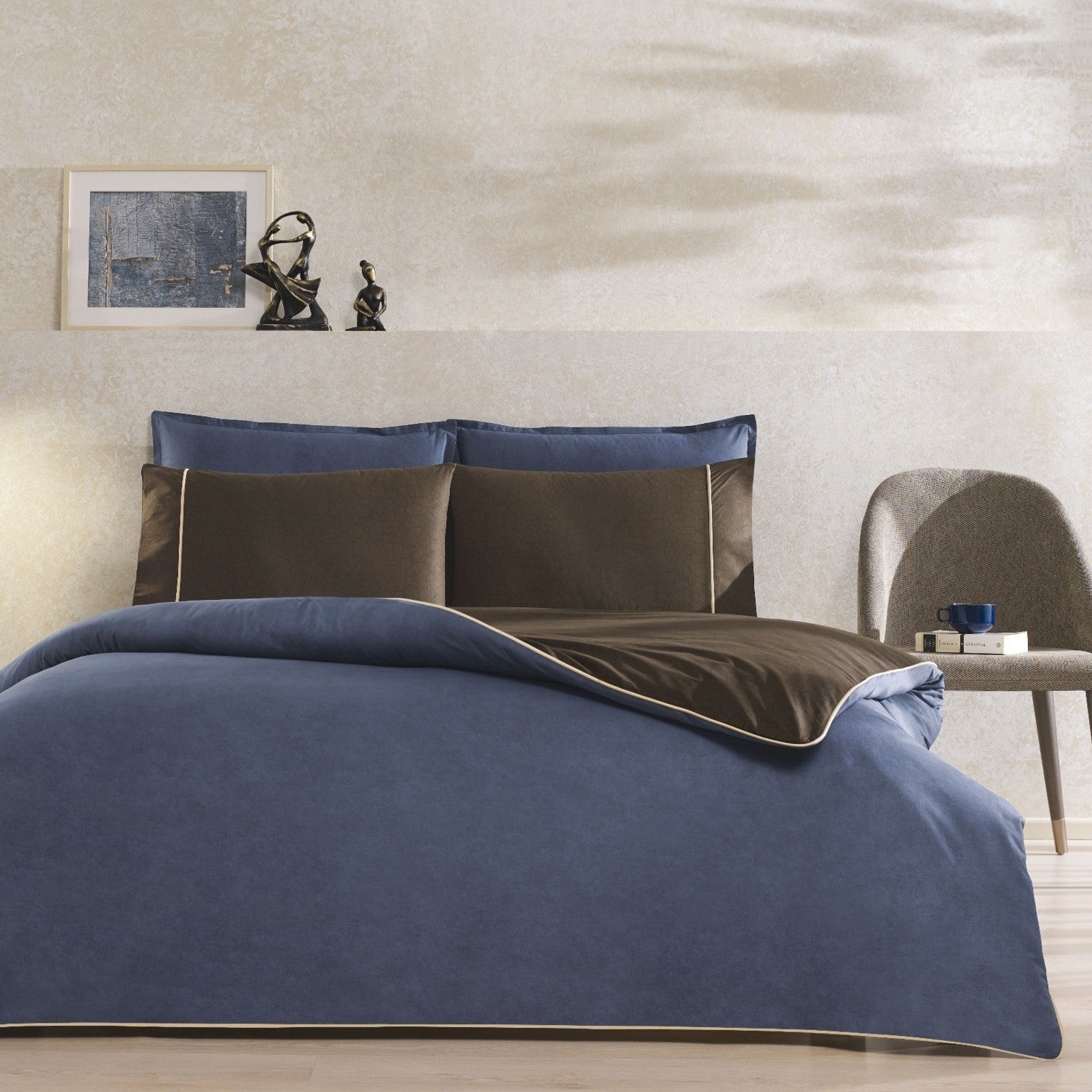 Tac Riven Piped Single Duvet Cover Set Navy Blue - MALLTURK