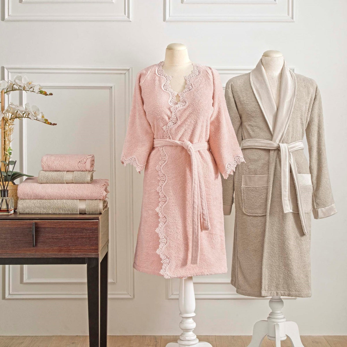 Tac Love Cotton Family Bathrobe Set Salmon Cappuccino - MALLTURK