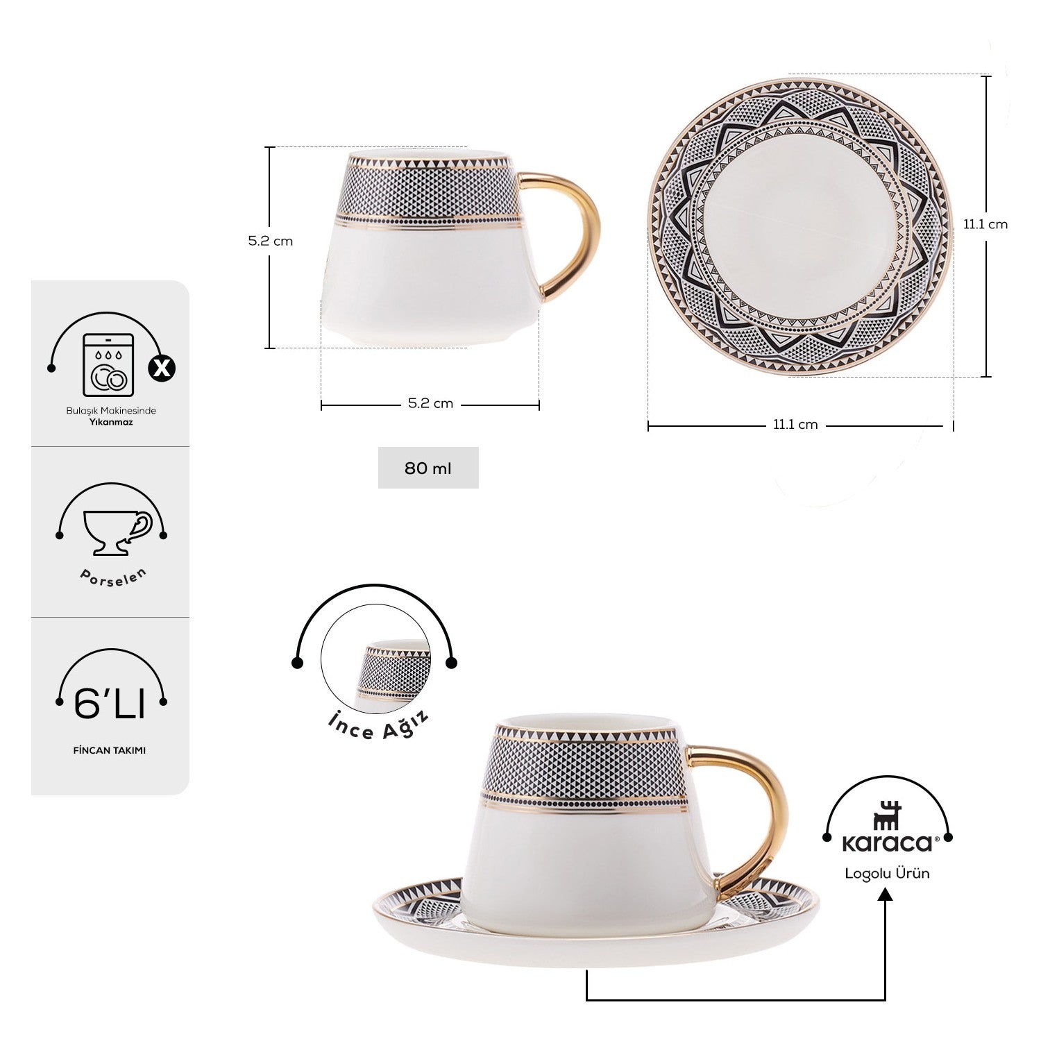 Karaca Globe Turkish Coffee Cup Set for 6, 80 ml - MALLTURK