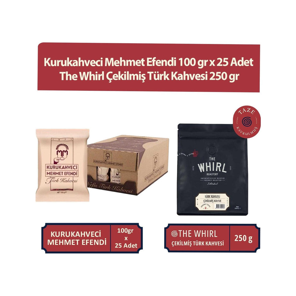 Kurukahveci Mehmet Efendi (Mehmet Efendi 100 gr x 25 Packs) and The Whirl Ground Turkish Coffee 250 gr - MALLTURK