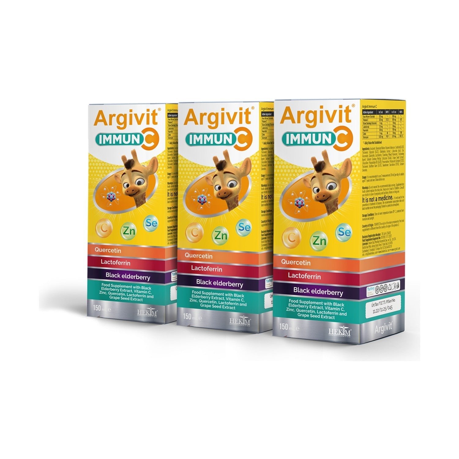 Argivit Immun C Syrup 3lu Paket ( Kara Murver, C Vitamin, Zinc, Kuersetin, Laktoferrin, Uzum ) 150 ml - Karisik Meyve Flavored - MALLTURK