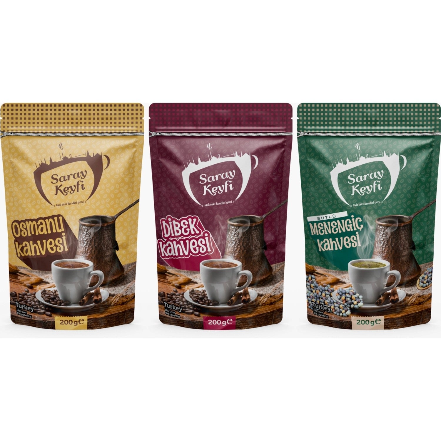 Saray Keyfi 3-Piece Set - Ottoman Coffee 200 gr + Dibek Coffee 200 gr + Milk-Based menengic Coffee 200 gr - MALLTURK