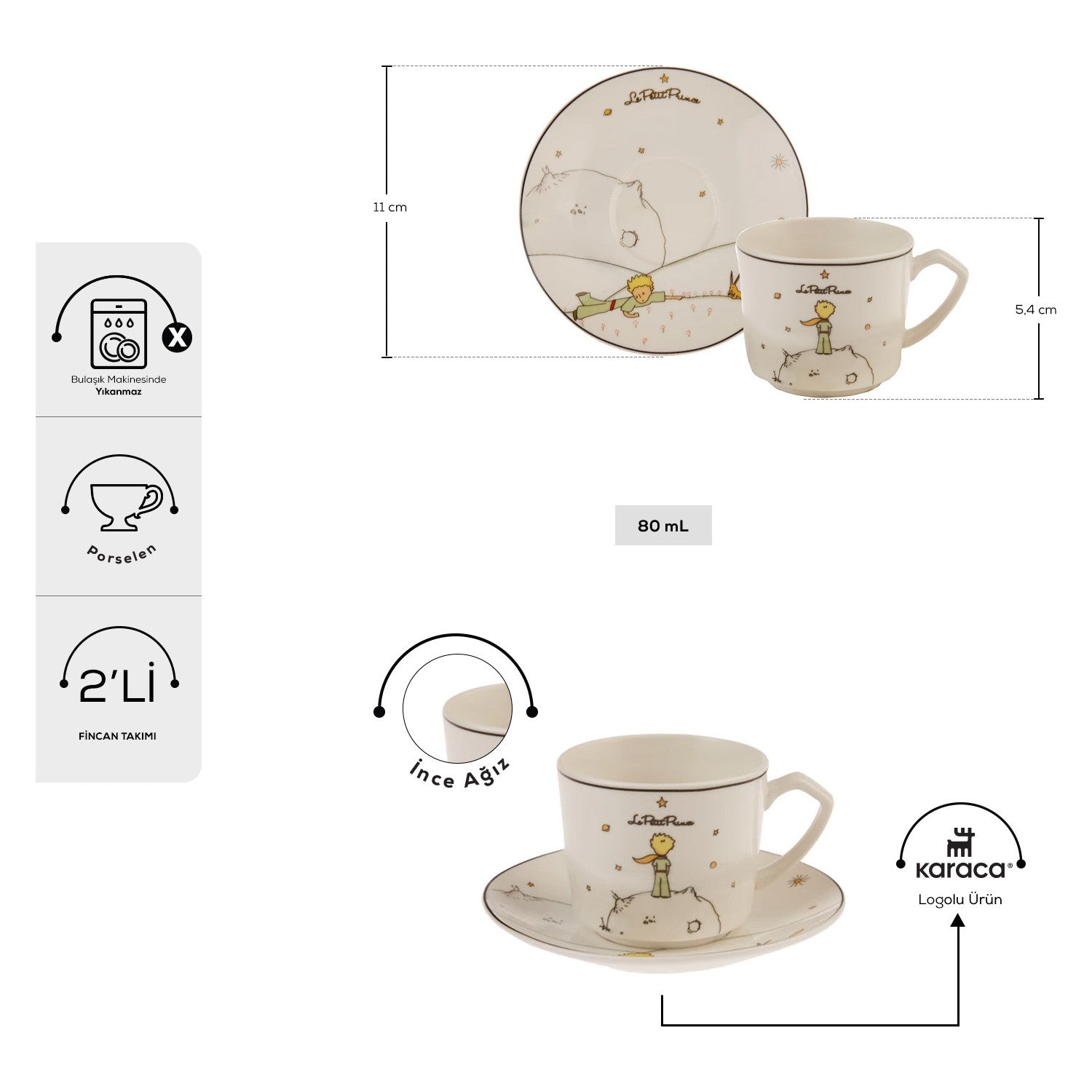 Karaca The Little Prince 4-Piece Turkish Coffee Cup and Saucer Set for 2