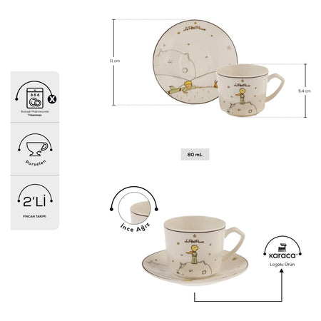Karaca The Little Prince 4-Piece Turkish Coffee Cup and Saucer Set for 2 - MALLTURK