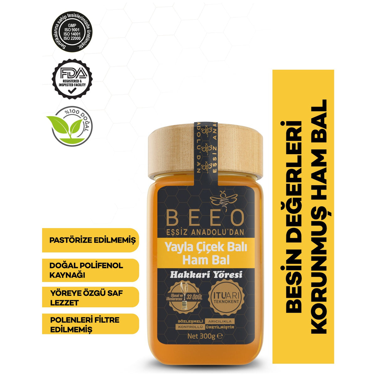 BEE'O Hakkari Region Wildflower Honey 300 g Natural Polifenol Kaynagi and Pure Lezzet