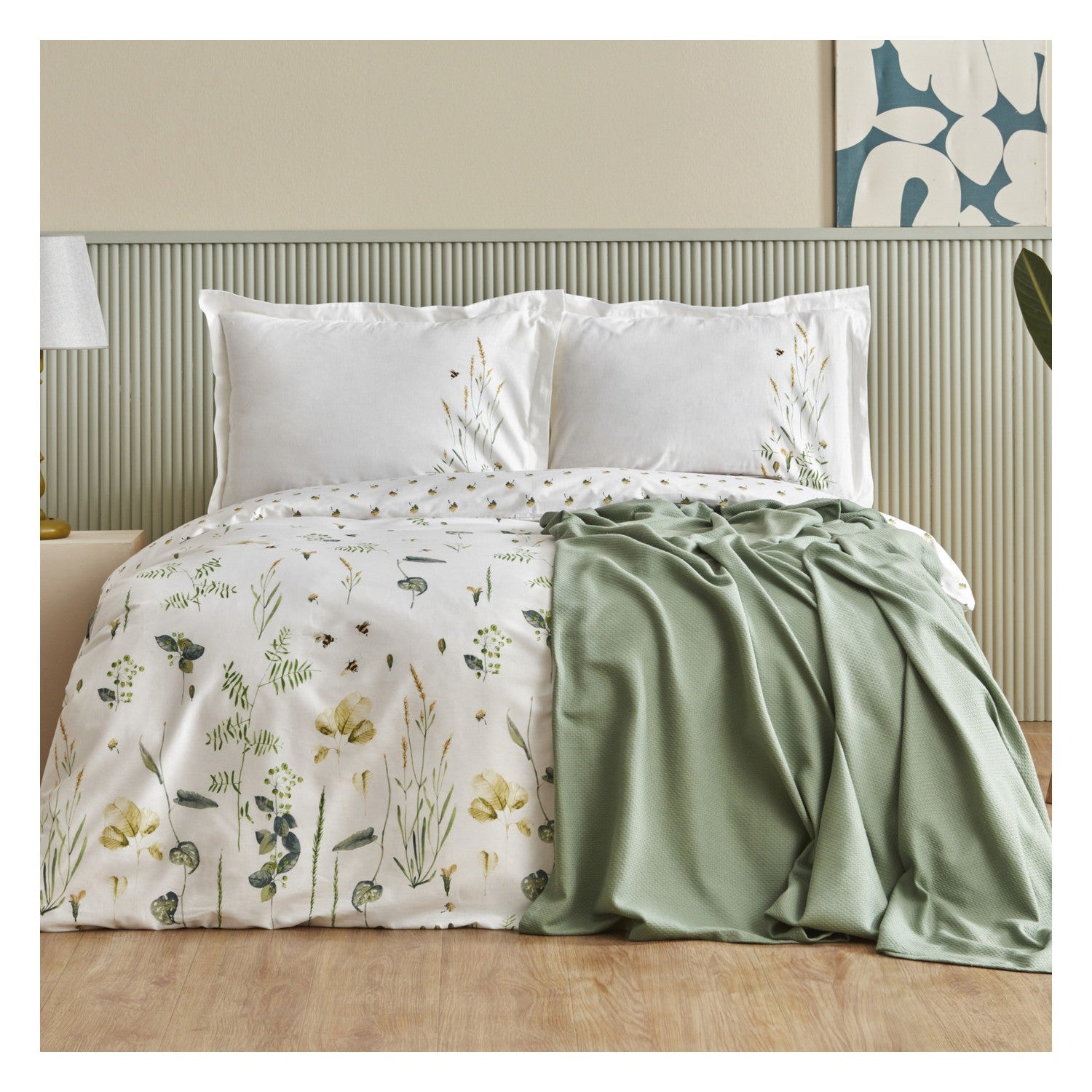 Karaca Home Herbal %100 Cotton Double Duvet Cover and Pique Set White - MALLTURK