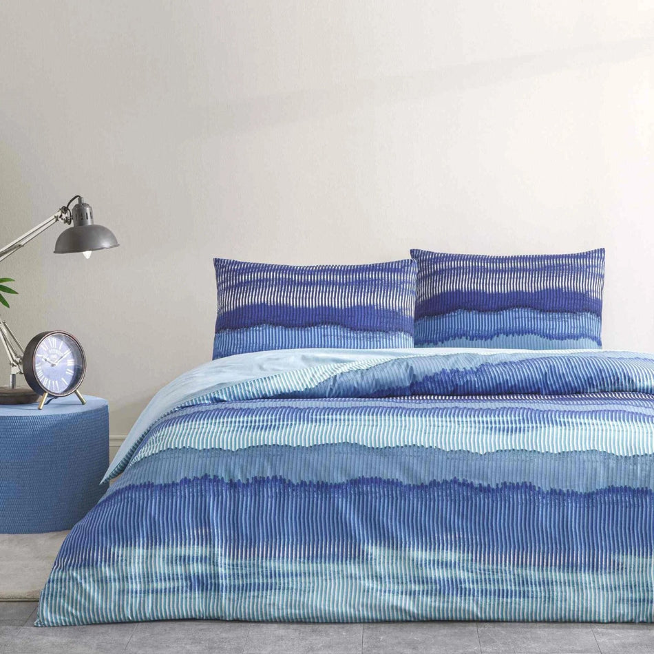 Tac Wave Ranforce Single Duvet Cover Set Blue - MALLTURK