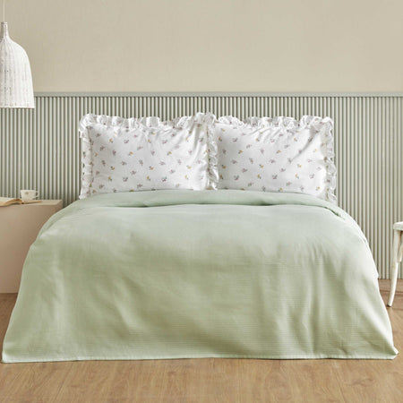 Karaca Home Lidya Cotton Double Bed Quilted Bedding Set, Green, 2 Pieces with Ruffled Pillowcases - MALLTURK