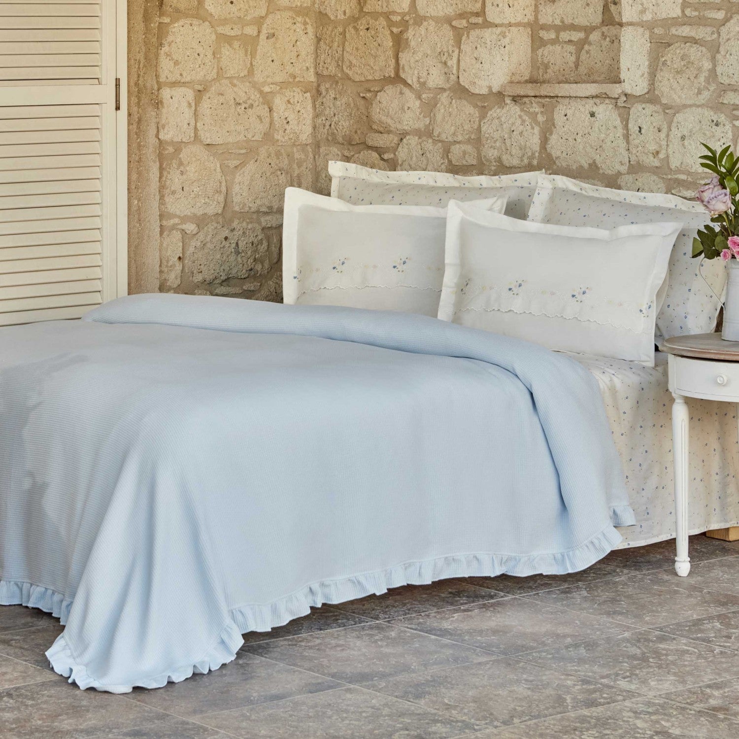Karaca Home Roanne Double Embroidered Quilted Bedspread Set, Blue - MALLTURK