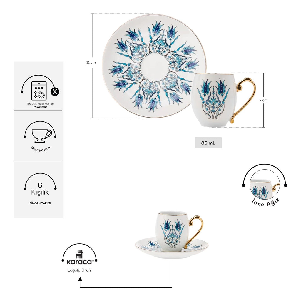 Karaca Iznik Turkish Coffee Cup Set for 6, 80 ml