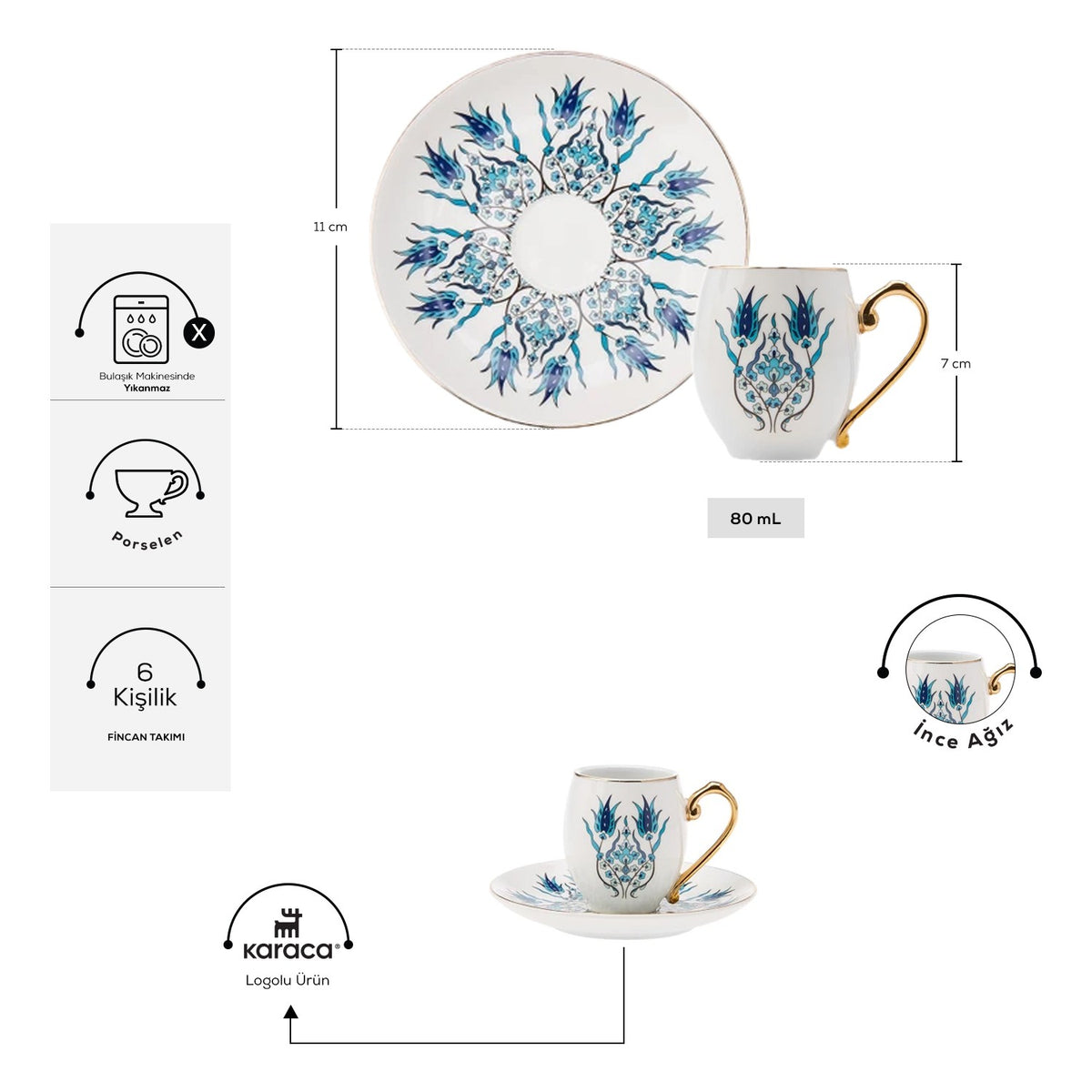 Karaca Iznik Turkish Coffee Cup Set for 6, 80 ml - MALLTURK