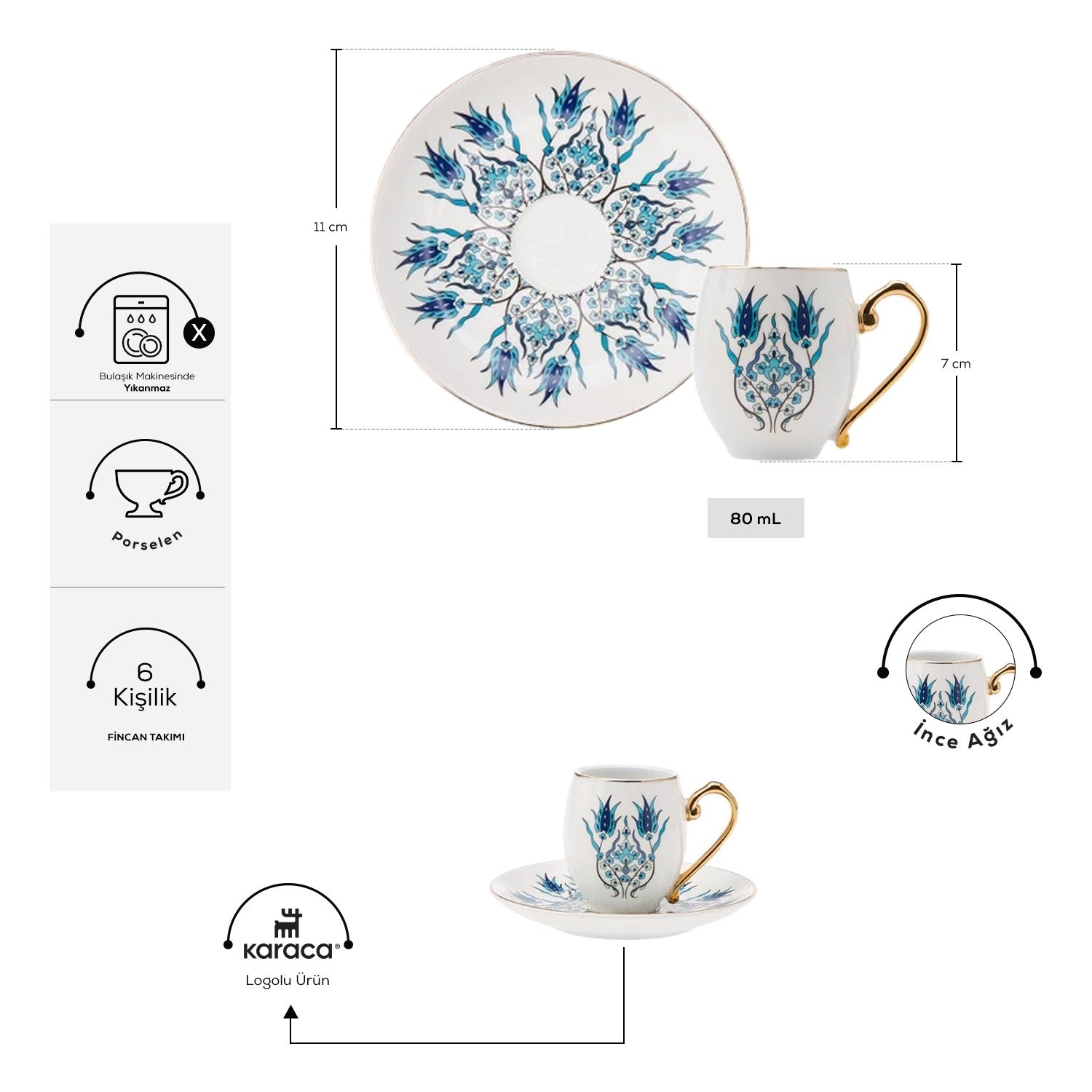 Karaca Iznik Turkish Coffee Cup Set for 6, 80 ml - MALLTURK